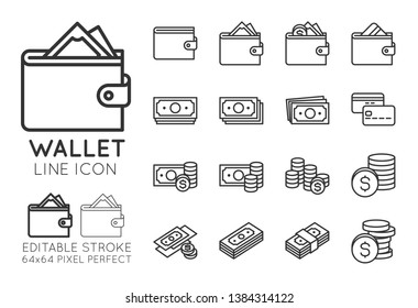 Wallet Line Icons Set. Money Related Vector Icons. Contains Such Icons As Empty Wallet, With Credit Card, Cash, Banknote, Dollar, Coin, Stacked Pile Of Cash. Editable Stroke, 64x64 Pixel Perfect.