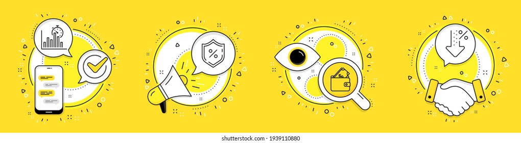 Wallet, Loan percent and Report timer icons set. Low percent sign. Usd cash, Protection shield, Growth chart. Vector