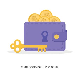 Wallet with lock hole and key Isolated on white background. Secured wallet icon. Secure Payments. Secure payments, financial security, money under protection. Vector illustration.