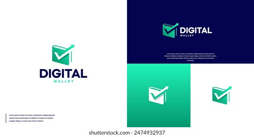 wallet logo with check mark, digital financial services, logo design template.