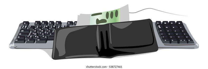 Wallet lying on old fashioned keyboard and money banknote