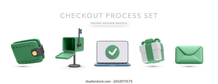 Wallet, Mailbox, Laptop With Check Mark, Gift Box, And Envelope Rendered In Minimal 3D Style. Ideal For Online Checkout, Order Confirmation, And Delivery Concept. Vector Illustration.