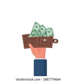 Cartera en mano de hombre. Diseño plano de ilustración vectorial. Cartera abierta aislada de fondo blanco. Sacar dinero del bolso. Pago en efectivo. Poniendo dólares. 