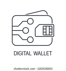 Wallet with a microcircuit and a chip. Electronic digital wallet. Vector linear icon isolated on white background.