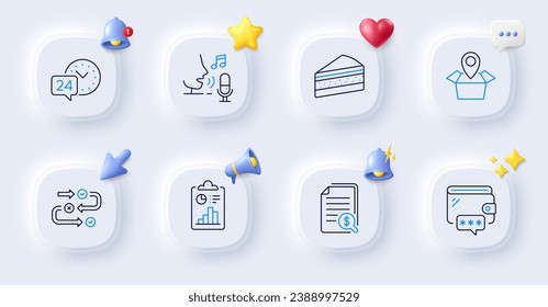 Wallet, Microphone and Financial documents line icons. Buttons with 3d bell, chat speech, cursor. Pack of Package location, Cake, 24h service icon. Survey progress, Report pictogram. Vector
