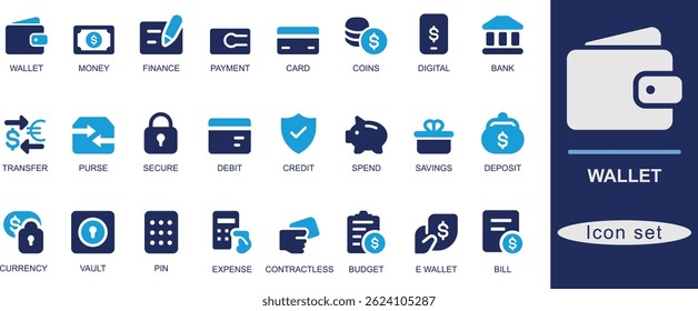 Brieftasche Modernes Icon mit fettgedruckter Linie und Farbstil. Umfasst Geldbörse, Finanzen, Soll, Kredit, Geld, Ersparnisse, Budget und Zahlungssymbole. Ideal für Fintech und UI.