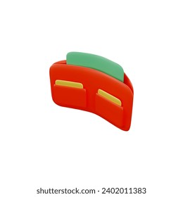 Wallet with money, 3d vector illustration isolated on white background, volume render. Red purse with green bills inside. Realistic object, rendering isometric icon. Finance and money design concept