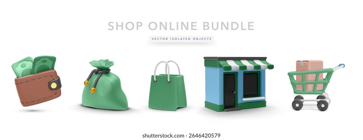 Wallet with Money, Money Bag, Shopping Bag, Storefront, and Cart with Parcel in 3D Style. Designed for Online Shopping, Retail Finance, and Delivery Services. Vector Illustration.