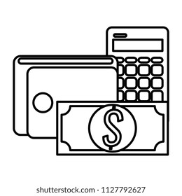 wallet money with bills and calculator