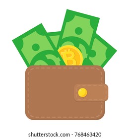 Wallet with money and bitcoin gold coin