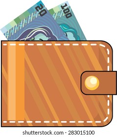Wallet with money Brown leather vector