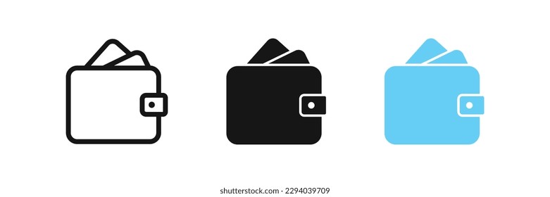 Wallet for money and card icon. Purse symbol. Cash signs. Pay symbols. Finance icons. Black, blue color. Vector isolated sign.