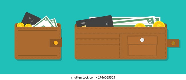 Cartera con dinero y tarjeta. Icono de la maleta para el pago de efectivo del sueldo o tarjeta de crédito. Cartera de cuero abierta, cerrada con bolsillos. Concepto de finanzas y remuneración. Moneda y monedas de oro para comprar. Vector.