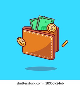 Wallet And Money Cartoon Vector Icon Illustration. Financial Business Icon Concept Isolated Premium Vector. Flat Cartoon Style