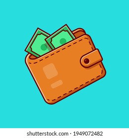 Wallet And Money Cartoon Vector Icon Illustration. Financial Business Icon Concept Isolated Premium Vector. Flat Cartoon Style