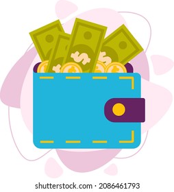A wallet with money. Cash and metal coins. Wealth, prosperity. Vector illustration in a flat style.