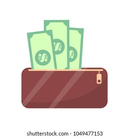 Wallet and money cash objects, banknotes dollar with sings and wallet of brown color, finance set vector illustration isolated on white background