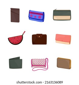 wallet money, coin finance, bank cash, business purse cartoon icons set vector illustrations