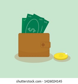 wallet with money and coin. vector illustration