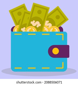 A wallet with money and coins. Cash and wallet stock. Illustration in an isolated flat style.