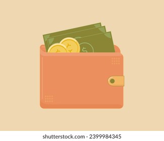 Wallet with money and coins. Golden coin and banknotes cartoon vector illustration.  Flat line icon.  Money Icon vector. Dollars and cents. 