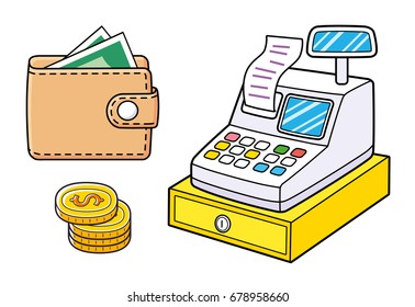Wallet with money, coins stack, cash register vector isolated.