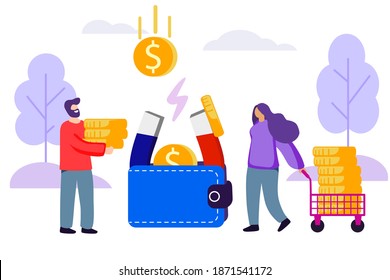 Billetera con monedas de dinero Vector de ilustración plana Servicios financieros Los banqueros pequeños trabajan Un imán grande atrae dinero a una cartera familiar