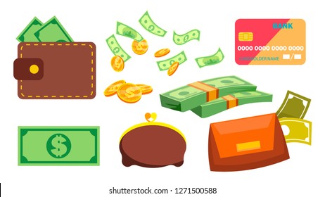 Wallet, Money, Coins Vector. Purse. Bill. Online, Ofline Payments. Isolated Flat Cartoon Illustration