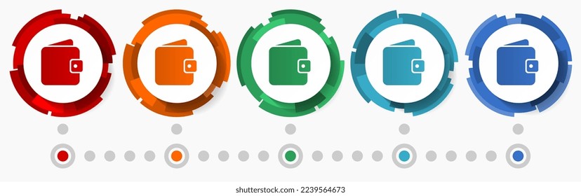 Cartera, conjunto de iconos vectoriales de concepto de dinero, botones web abstractos de diseño moderno en 5 opciones de color, plantilla de infografía para diseño web y aplicaciones móviles