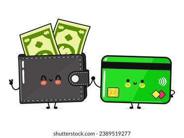 Cartera con dinero y caracter de tarjeta de crédito. Caricatura de kawaii dibujada a mano vectora, icono de ilustración. Graciosa caricatura feliz Wallet con dinero y amigos de tarjetas de crédito