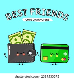 Wallet with money and Credit card character. Vector hand drawn cartoon kawaii characters, illustration icon. Funny cartoon happy Wallet with money and Credit card friends