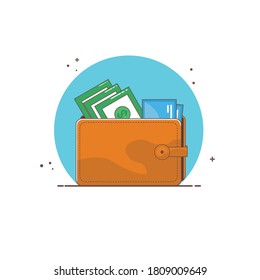 Wallet with money and credit card in flat design