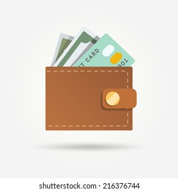 Wallet with money and credit card isolated on white background vector illustration.