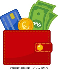 Wallet with Money and Credit Card. Vector Illustration of a Red Wallet with Dollar Bills, Gold Euro Coin, and Blue Credit Card. Business and Finance