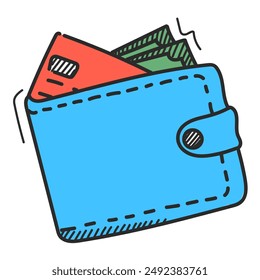 Geldbörse mit Geld und Kreditkarten-Vektorgrafik isoliert. Doodle Illustration von Bargeld im Geldbeutel. Konzept der Finanzen und des Wohlstands. Grüne Banknoten.