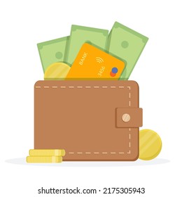 Wallet with money and credit cards isolated on white background. Vector illustration in a flat style.