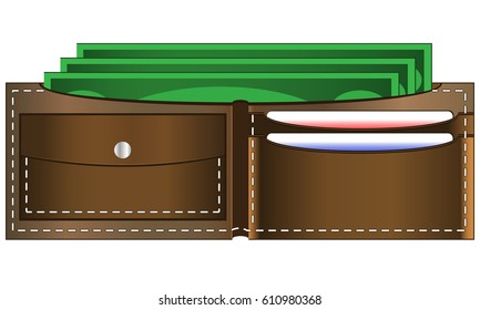 Wallet with money and credit cards on a white background.
