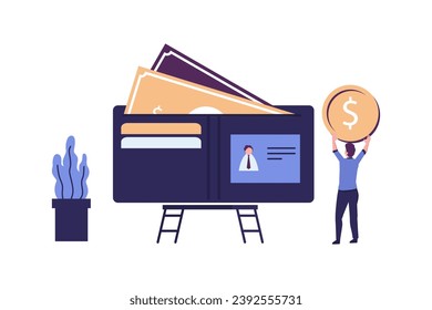 wallet with money dollar bill, concept of online payments, open purse with coins flat vector illustration