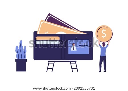 wallet with money dollar bill, concept of online payments, open purse with coins flat vector illustration