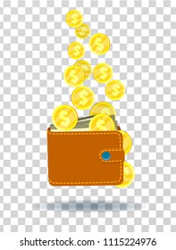 wallet with money, dollars, cartoon, vector illustration, on transparent background, coins and paper money