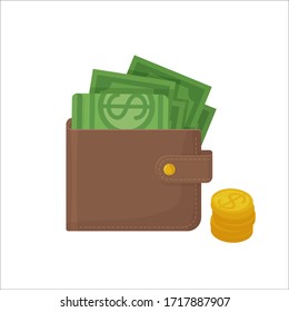 Wallet with money, dollars and coins. Cirrensy, cash, shopping, finance, money, wealth concept. Stock vector illustration isolated on white background in cartoon flat style.