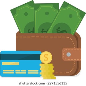 Wallet with money dollars and credit card with coins vector illustration