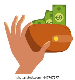 Wallet with money. Dollars. Vector illustration flat. Money bag, financial investment, wealth accumulation. Business. The hand keeps the money. 