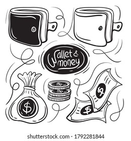 Wallet and money doodle vector set. New and trendy linear doodle concept with hand drawn style