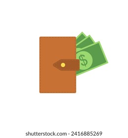 wallet and money flat design vector illustration. Flat Design Banking and Finance Wallet. Brown wallet with green paper money. Wallet with money dollar banknote