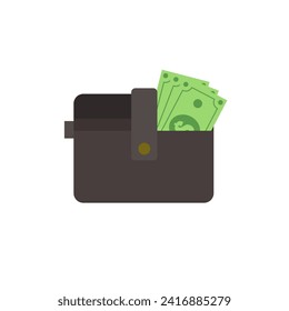 wallet and money flat design vector illustration. Flat Design Banking and Finance Wallet. Brown wallet with green paper money. Wallet with money dollar banknote