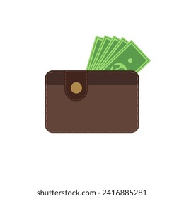wallet and money flat design vector illustration. Flat Design Banking and Finance Wallet. Brown wallet with green paper money. Wallet with money dollar banknote
