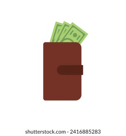 wallet and money flat design vector illustration. Flat Design Banking and Finance Wallet. Brown wallet with green paper money. Wallet with money dollar banknote