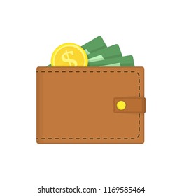 Wallet with Money in flat style. Brown purse green paper money, and golden coin. Wallets full of green dollars isolated on white background. Business, finance  or online payment concept. Vector EPS10.