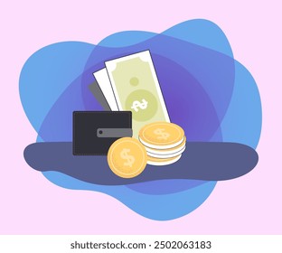 Ilustración vectorial plana de la cartera y del dinero. Billetes y monedas en efectivo. Finanzas, concepto bancario para diseño web, Anuncio o página de destino